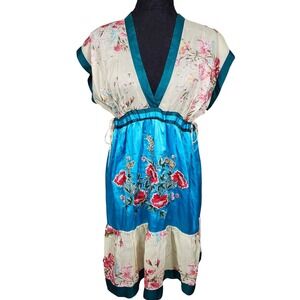 Johnny Was Floral Embroidered Silk Blend Kimono Sleeve‎ Midi Dress Blue Cream S